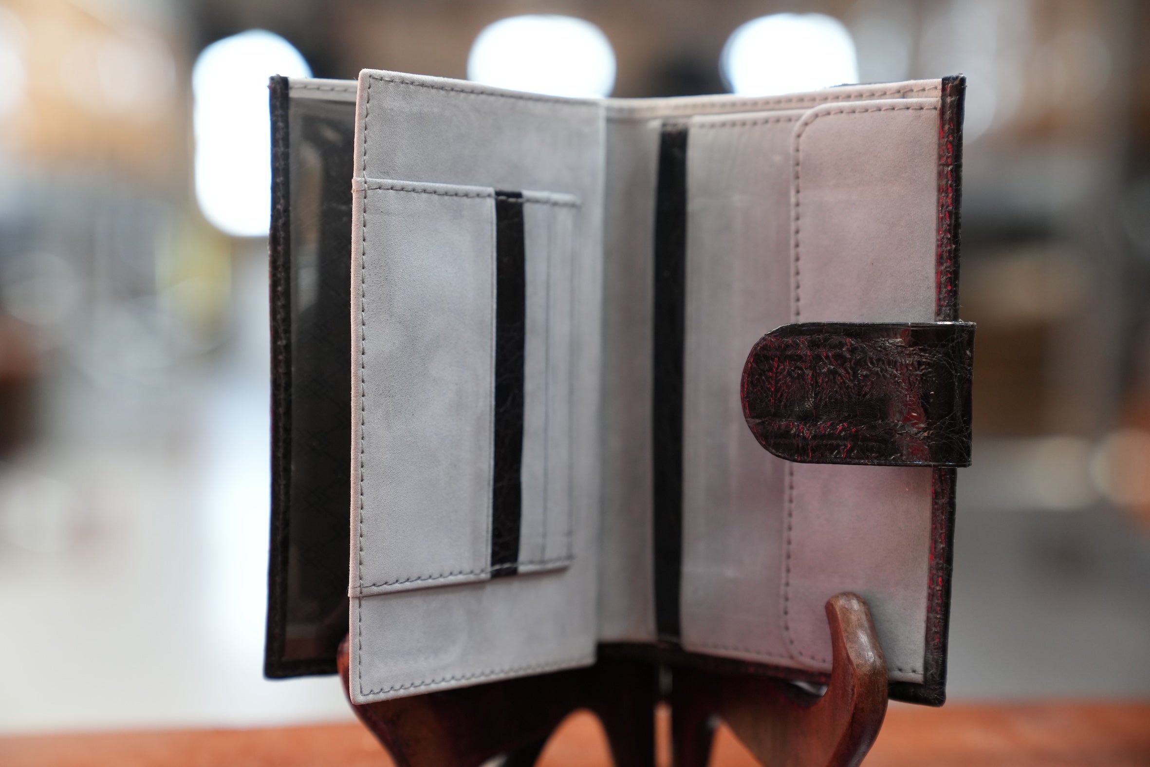 Black crocodile wallet with clip, grey inside