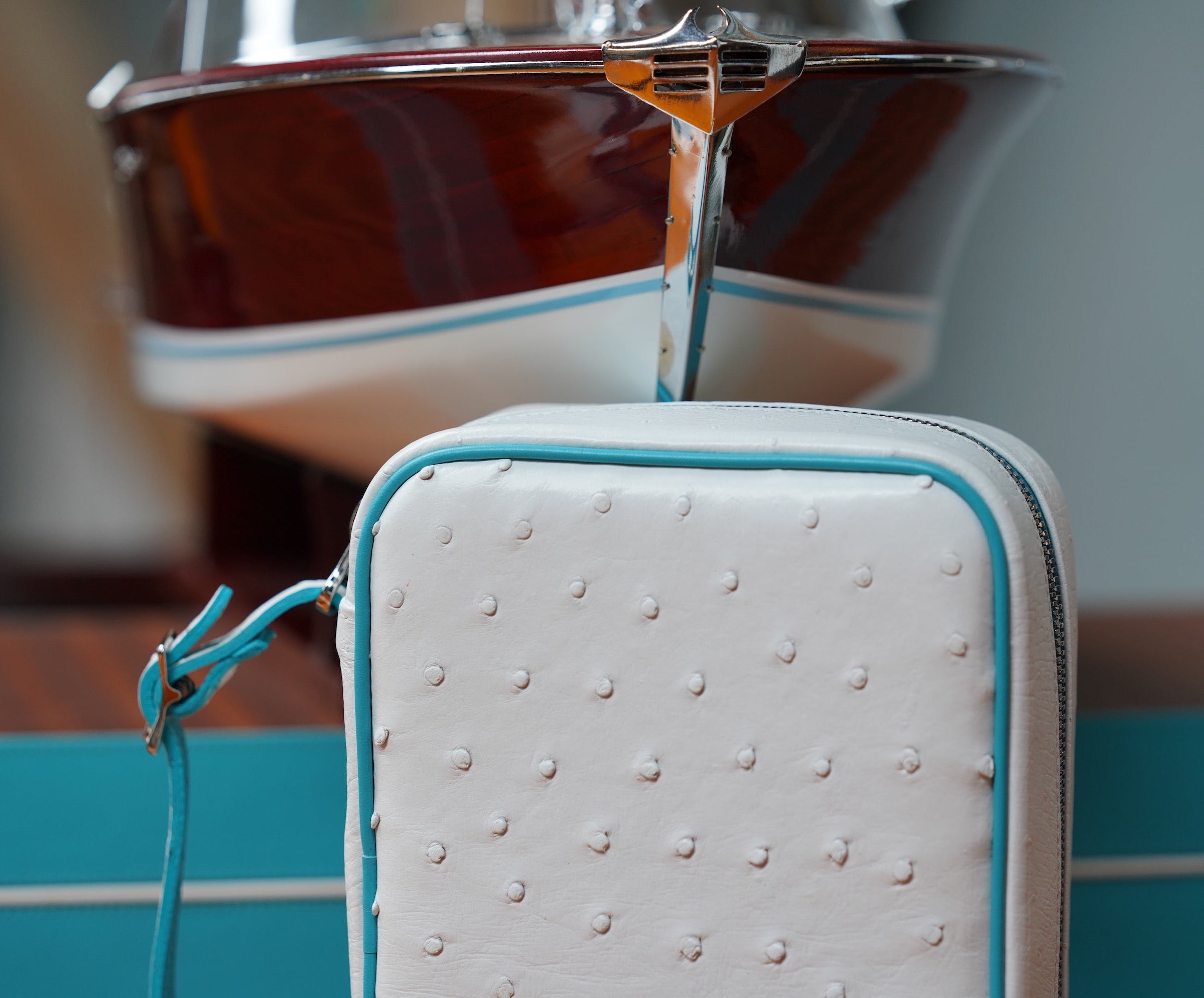 Havana Traveler - Ostrich White and Turquoise Leather