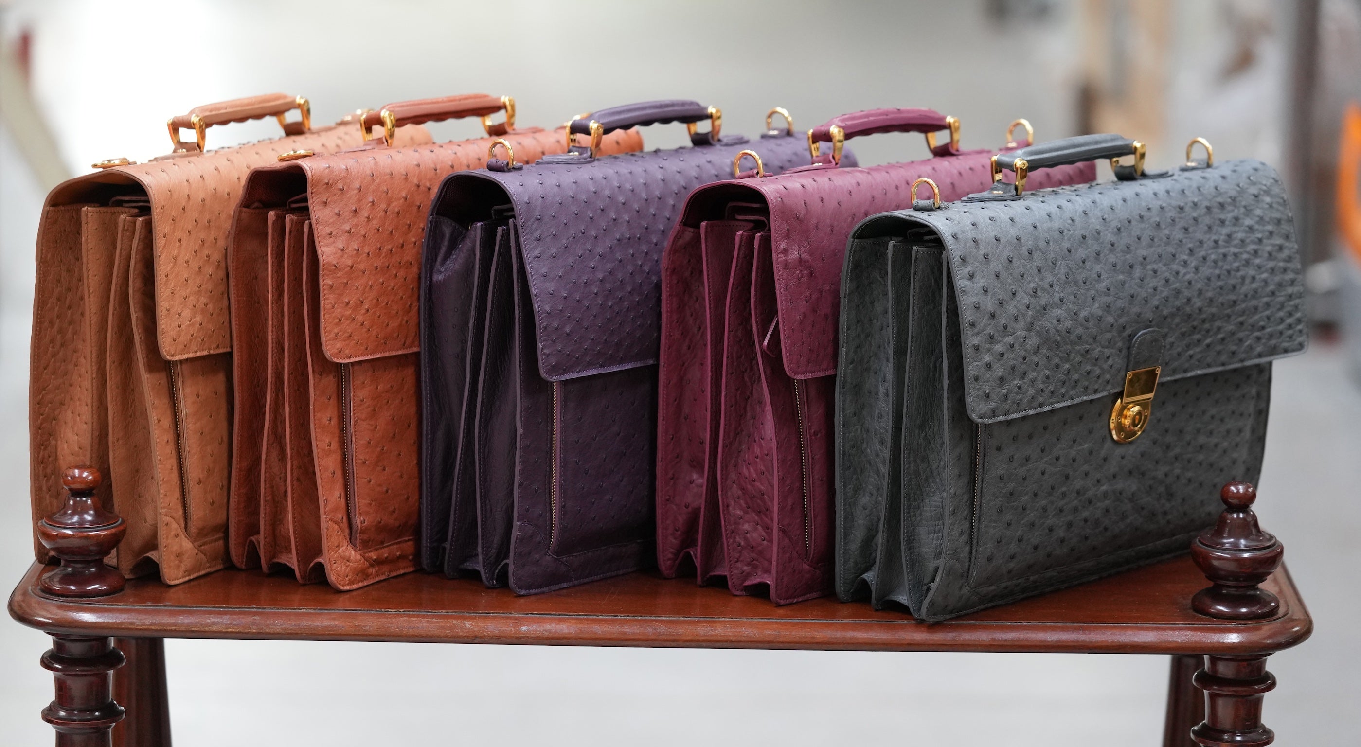 Warm greystone A4+ business bag in ostrich leather