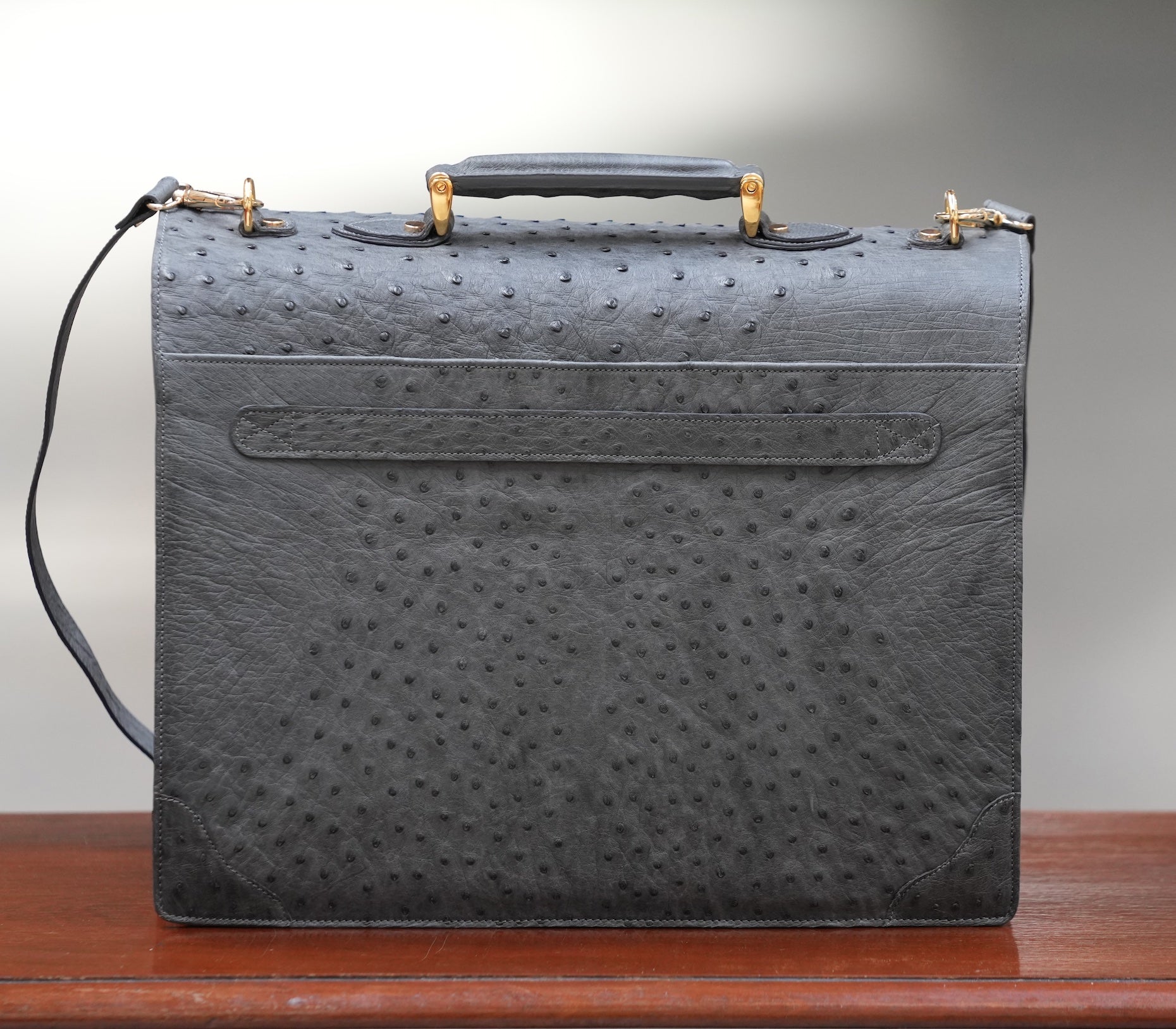Warm greystone A4+ business bag in ostrich leather