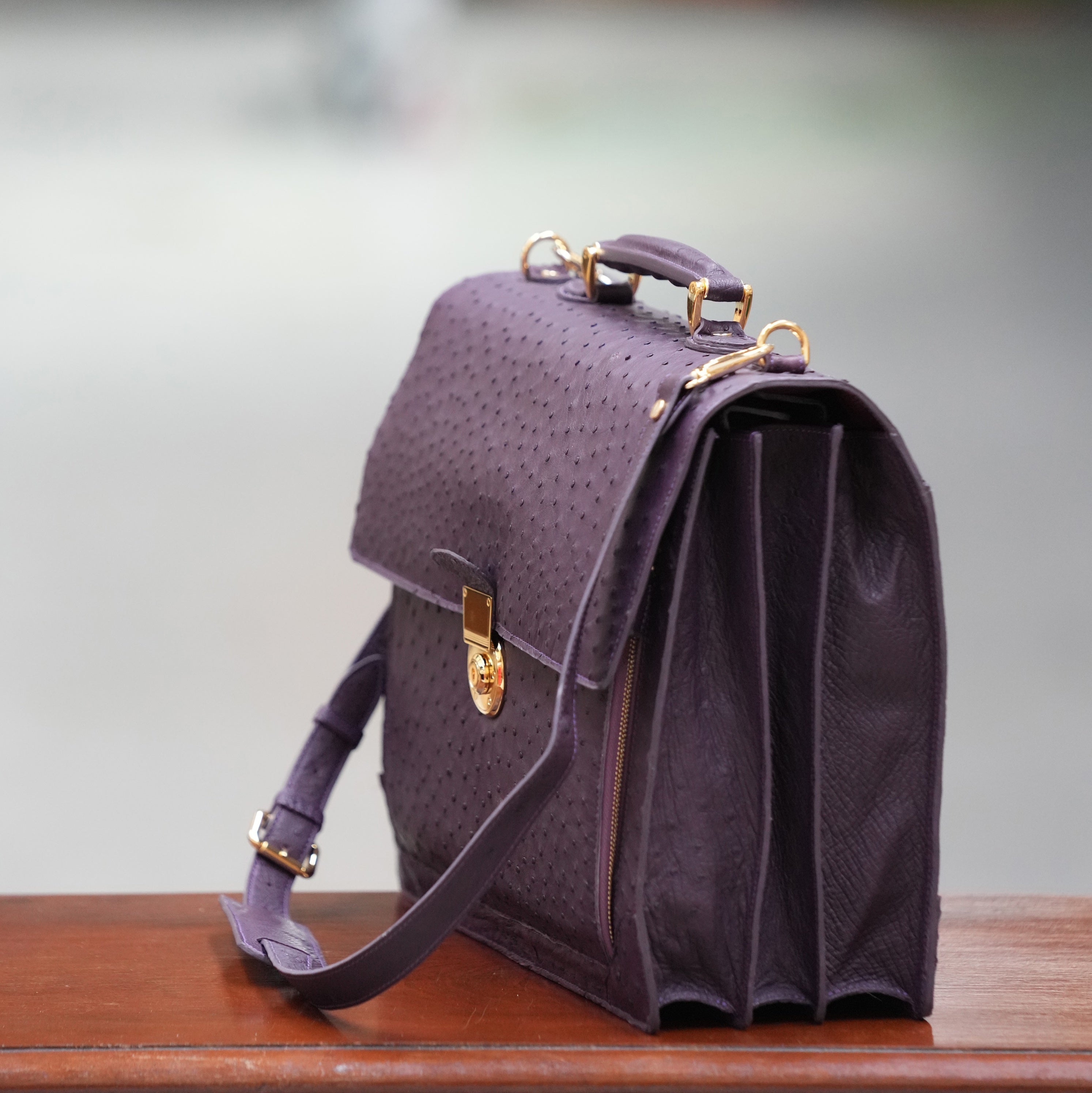 Deep purple A4+ business case in ostrich leather