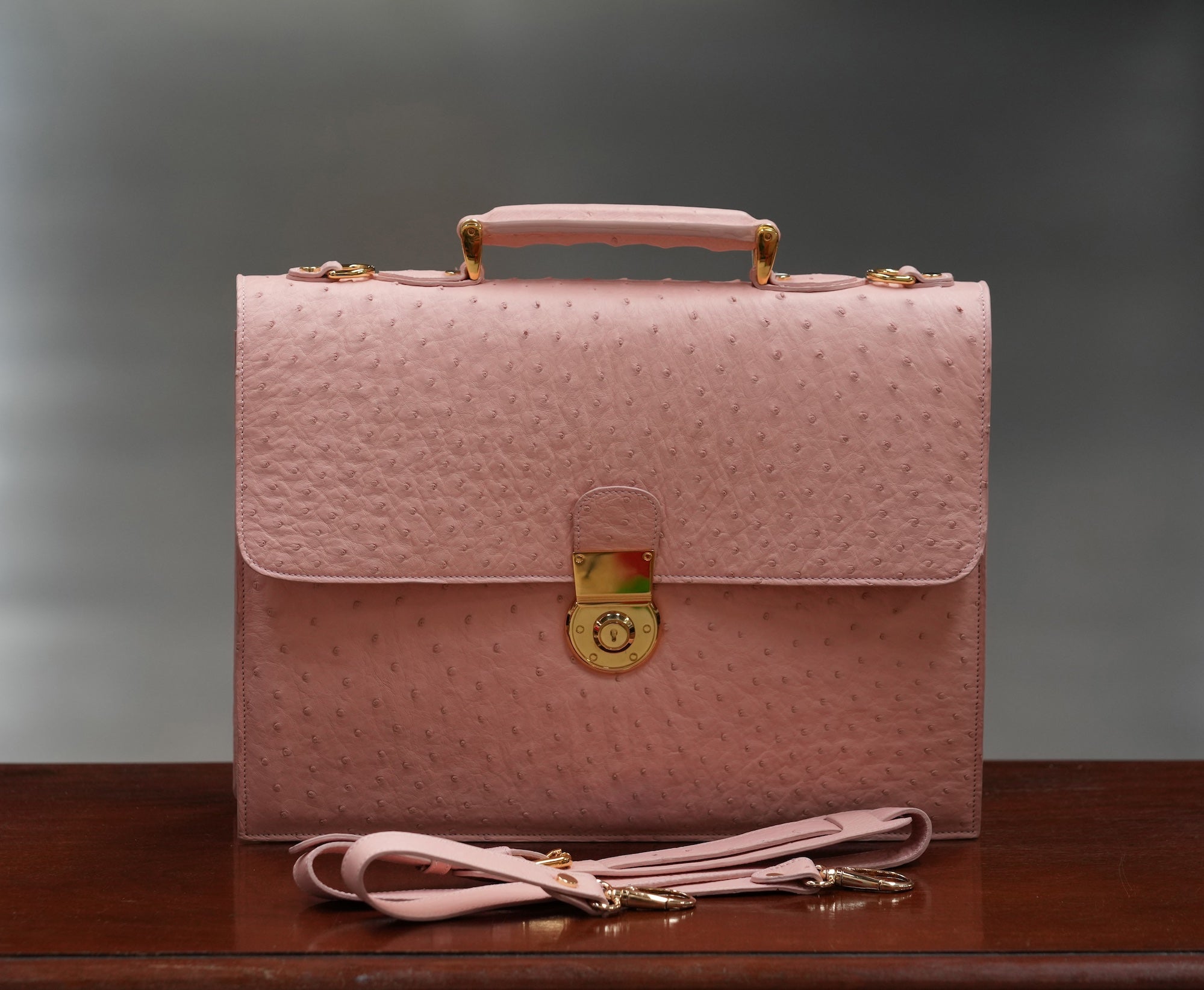 Pink A4 business case in ostrich leather