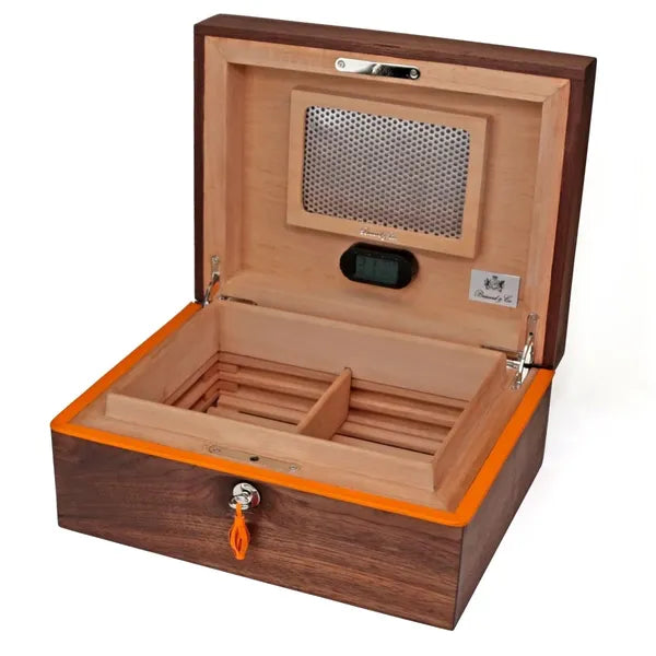 Walnoot humidor met oranje leer 60/70 sigaren