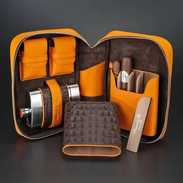 Havana Traveler - Genuine Tobacco Caiman Alligator and Orange Leather