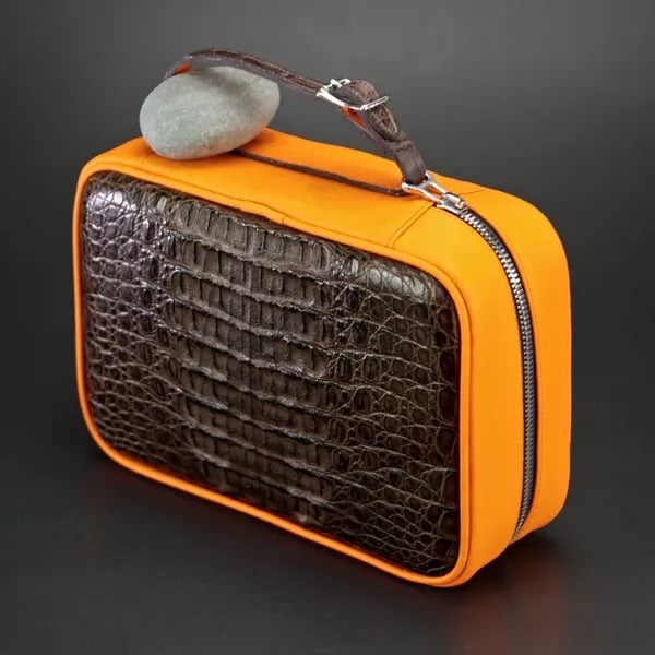 Havana Traveler - Genuine Tobacco Caiman Alligator and Orange Leather