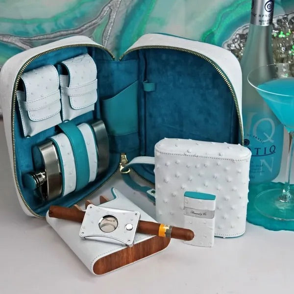 Havana Traveler - Ostrich White and Turquoise Leather