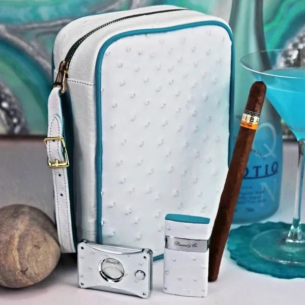 Havana Traveler - Ostrich White and Turquoise Leather