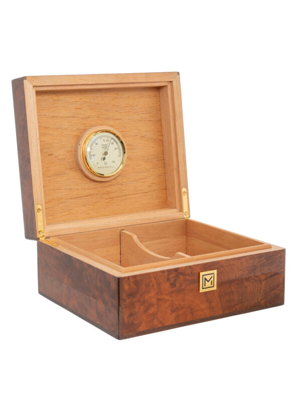 “Walnut Burl” desktop humidor 40 cigar capacity.