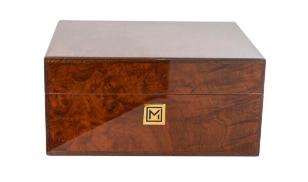 “Walnut Burl” desktop humidor 40 cigar capacity.