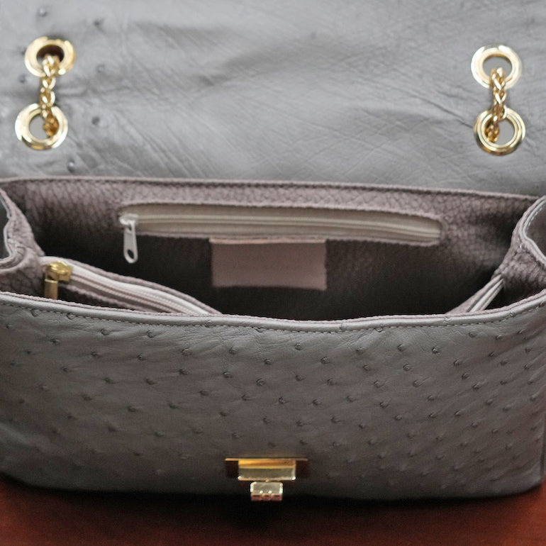 Ostrich leather handbag in warm grey