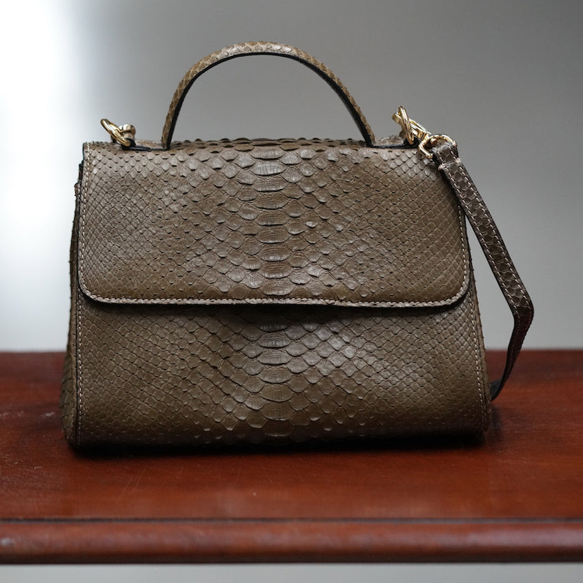 Python leather handbag in olive green