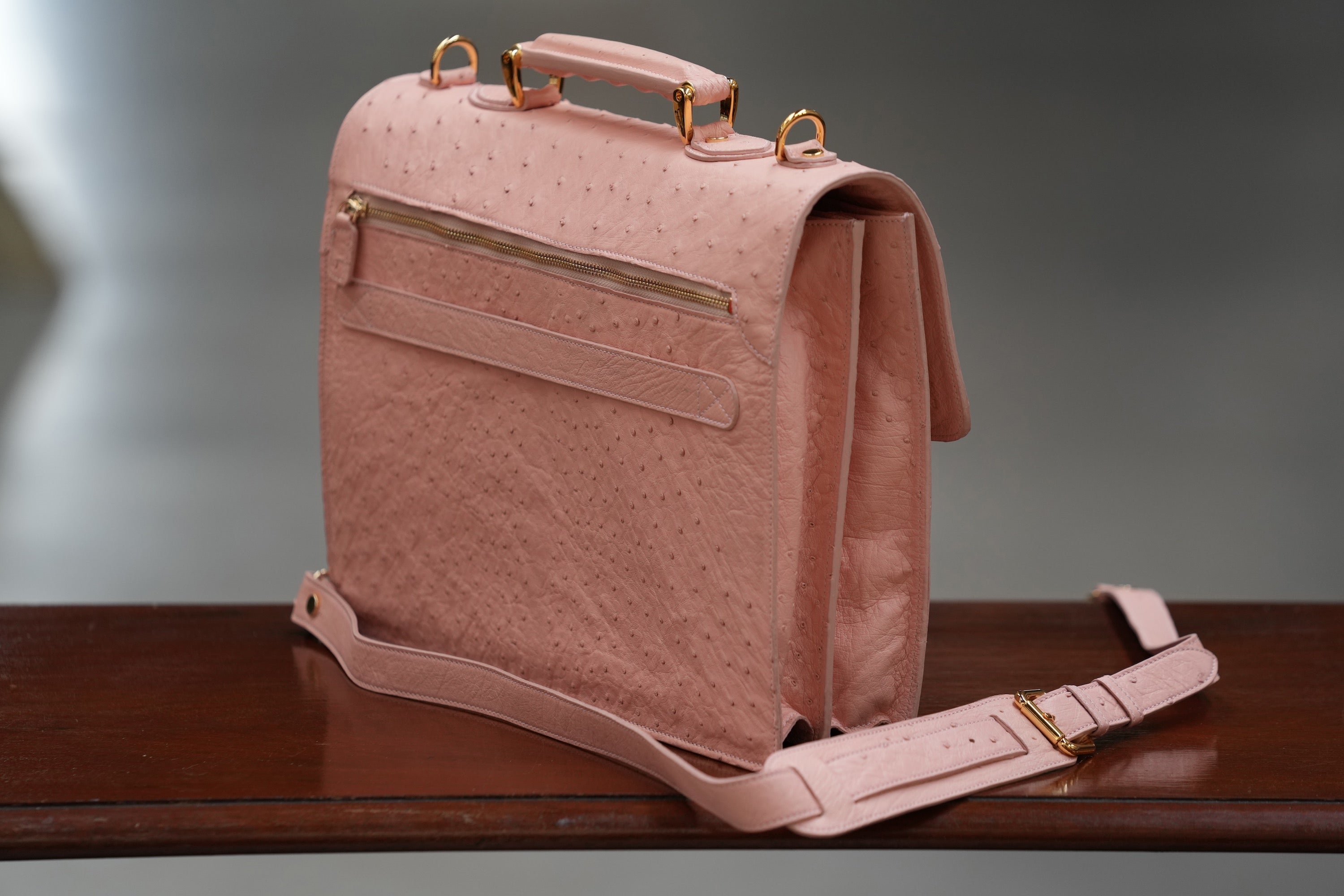 Pink A4 business case in ostrich leather