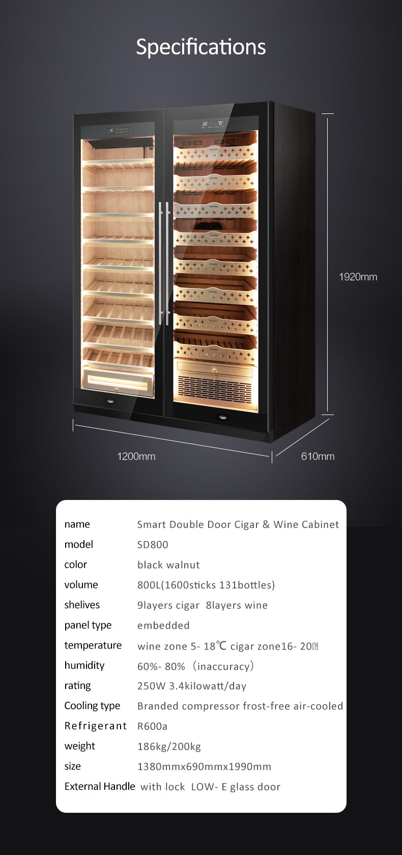 Wood wine cooler double door SD800