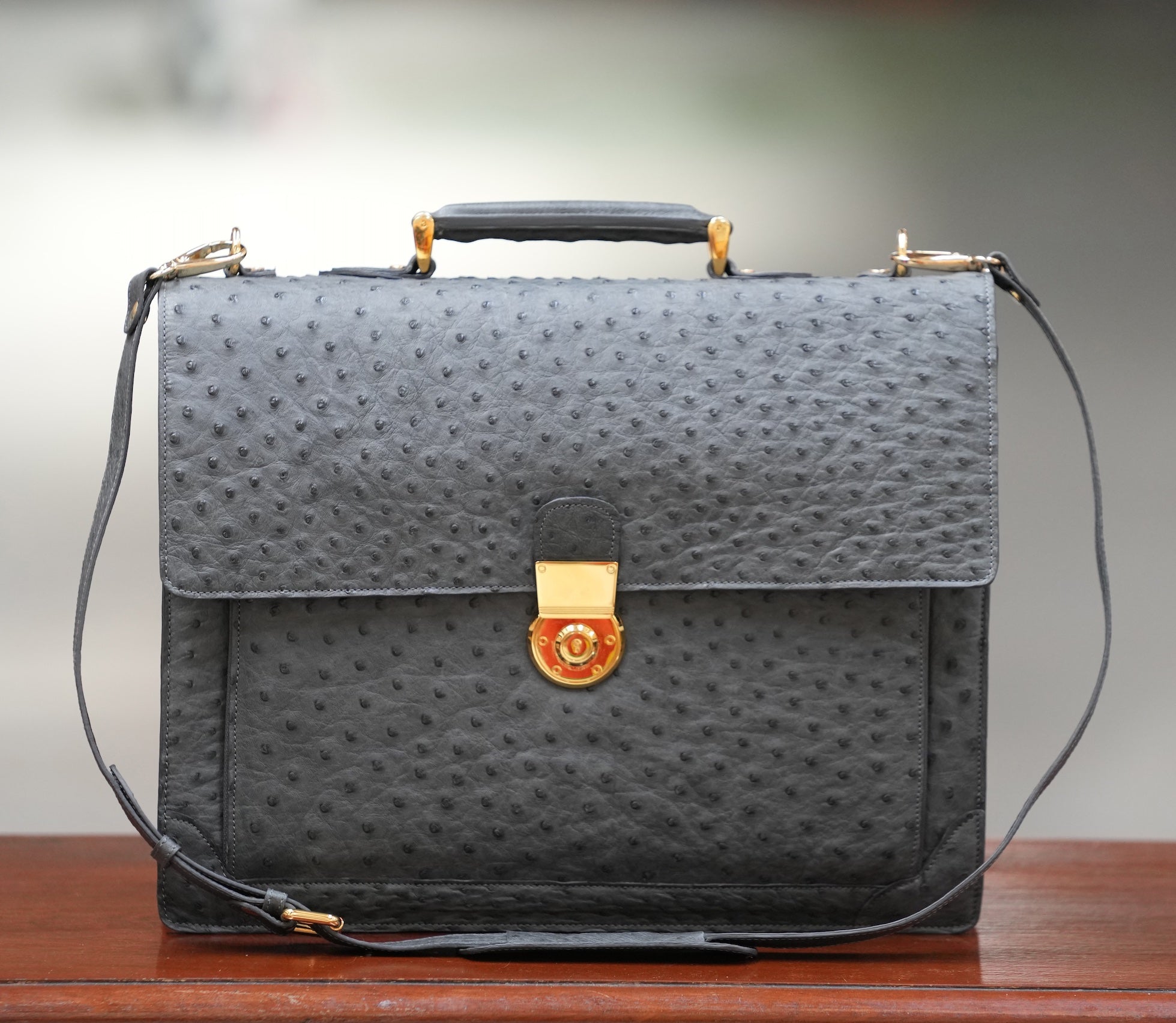 Warm greystone A4+ business bag in ostrich leather