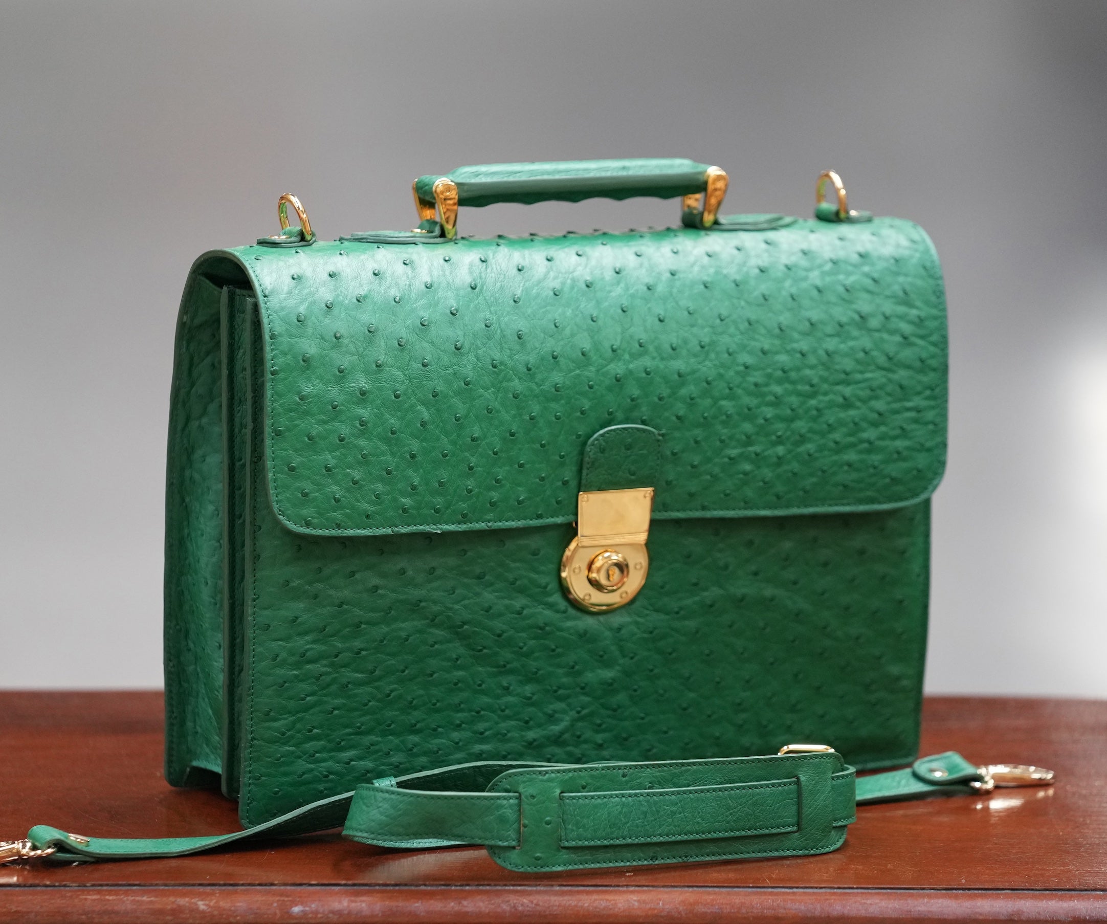 Green A4 business case in ostrich leather