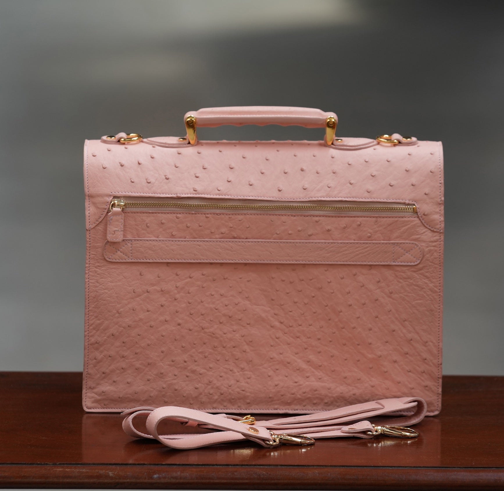 Pink A4 business case in ostrich leather